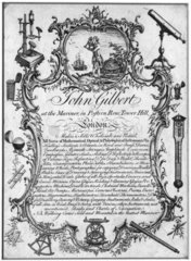 Trade card of John Gilbert  instrument maker  London  19th century.