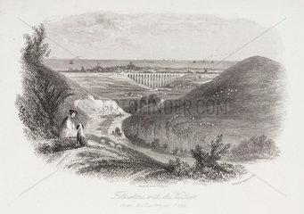 ‘Folkestone with the Viaduct  from the Canterbury Road’  Kent  c 1850.