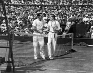 Tennis players Fred Perry and Von Cramm at Wimbledon  5 July 1935.