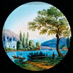 Lakeside scene with a punt and a man fishin