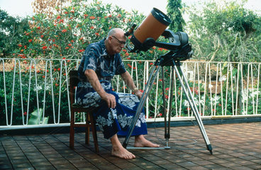 Arthur C Clarke using telescope  Sri Lanka.