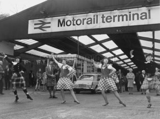 Scottish dance display at a Motorail terminal  c 1970s.