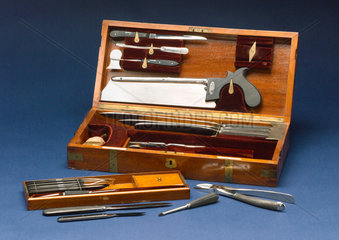 Surgical instrument set in a case  c 1850.