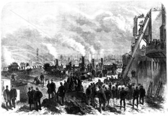 Metropolitan Fire Brigade practise by the Thames  London 1868.