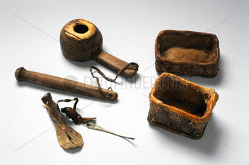 Mortar and pestle and Medicine Man's box  native American  c 1860-1930.