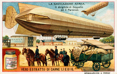 The German airships 'Zeppelin' and 'Parseval'  Liebig trade card  c 1910.