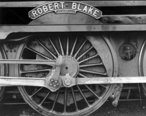 'Robert Blake' nameplate on a steam locomotive  c 1950s.