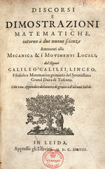 Title page of 'Discourses...’ by Galileo  1638.