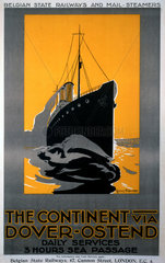 'The Continent via Dover - Ostend'  Belgian State Railways poster  c 1920s.