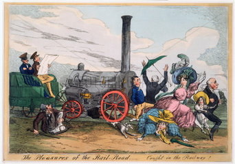 'The Pleasures of the Rail Road - Caught in the Railway!'  c 1840.