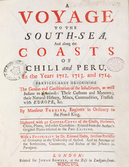 Title page to ‘A Voyage to the South-sea’  1717.