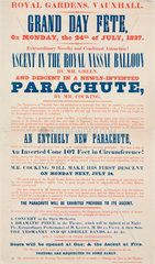 Handbill advertising Cocking’s parachute descent  24 July 1837.