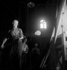Glass blower with hot glass  Chance Brothers  Smethwick 1948.