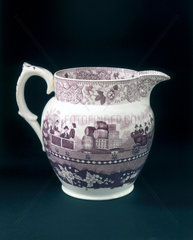 Glazed jug with claret mauve transfer  1830.