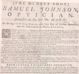 Trade card of Samuel Johnson  optician  18th century.