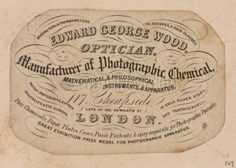 Trade card of George Edward Wood  optician  c 18th century.