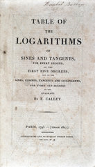 Title page of a book of logarithmic tables by Callet  1795.