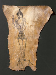 Human skin  tattoed with scantily dressed female  French  1850-1900.