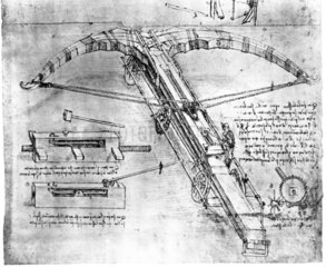 Technical drawing of a giant crossbow by Leonardo da Vinci  late 15th century.