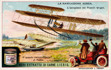The Wright brothers aeroplane taking flight  Liebig trade card  c 1910.