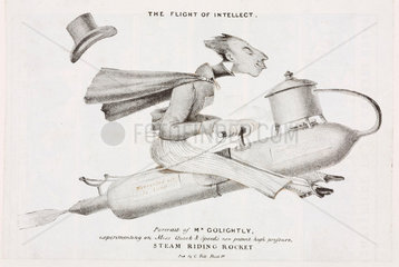 ‘The Flight of Intellect’  Mr Golightly on a Steam Riding Rocket  early 19th century.