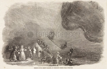 ‘Descent of Mr Green’s Balloon  on Pirbright Common’  Guildford  c 1840s.