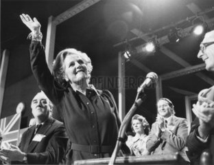Margaret Thatcher waving at a tory party conference  14 October 1977.