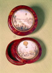 Hot-air balloons over countryside  1785-1795.