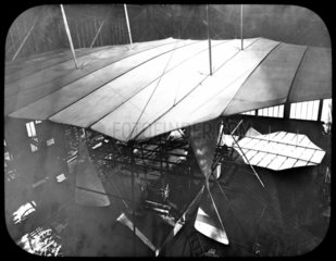 Looking down on Maxim's partially assembled flying machine  1894.