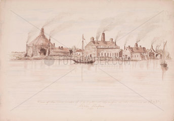 View of glassworks across a river  1836.
