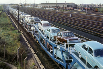 Ford cars on a freight train at Dagenham  Essex  1965.