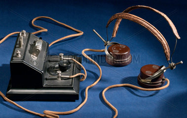 Brownie crystal radio receiver and a pair of BTH headphones  mid 1920s.