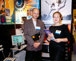 Science & Society Picture Library staff at a trade fair  London  2001.