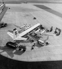View on to apron at Manchester Airport with BEA Vanguard aircraft  1965.
