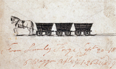 A horse drawing three small wagons  1827-1828.