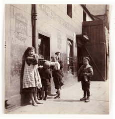 A group of children outside a greengrocer’s shop  c 1905.