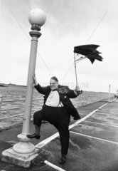 Cyril Smith in gale force winds  Southport  September 1978.