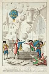 An artist’s impression of balloons flying  1783.