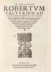 Title page of Valturio's ‘De re militari’  1534.