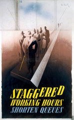 ‘Staggered Working Hours Shorten Queues’  World War II poster  1945.