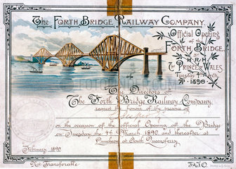 Invitation card for the official opening of the Forth Bridge  1890.