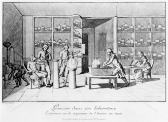 Antoine Lavoisier in his laboratory  18th century.