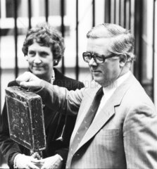 Geoffrey Howe with the famous red Budget box  10 March 1981.