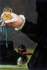 Detail from a portrait of a man holding a watch  c 1558.