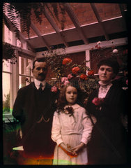 Autochrome of Hugh  Ethel and Kathleen in the Greenhouse  c 1910.