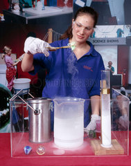 Extracting 'frozen slime' from liquid nitrogen  Science Museum  Aug 2001.