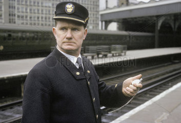 Station Inspector wearing new British Rail uniform  Waterloo  London  1966.