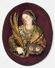 Wooden plaque of St Lucy of Syracuse  Spanish  17th century.