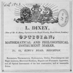 Trade card of L Dixey  62 King’s Road  Brighton  c1843-60.