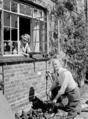 Man gardening as a woman looks on from a window  1953.